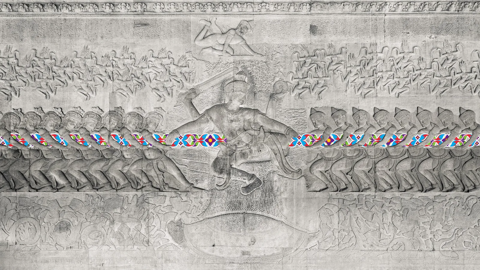 Le Barattage de l’Océan de lait. Bas-relief du temple d’Angkor Wat