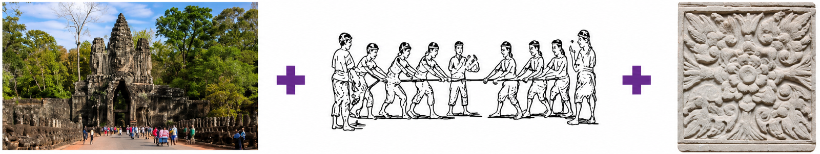 Angkor temple gate, traditional tug-of-war, and Khmer architectural motif
